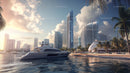 Luxury Yacht at Sunset with Modern City Skyline