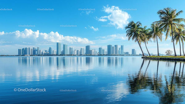 Tropical Urban Skyline with Reflective Waterfront