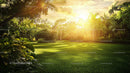 Tropical Garden at Sunrise with Vibrant Green Foliage
