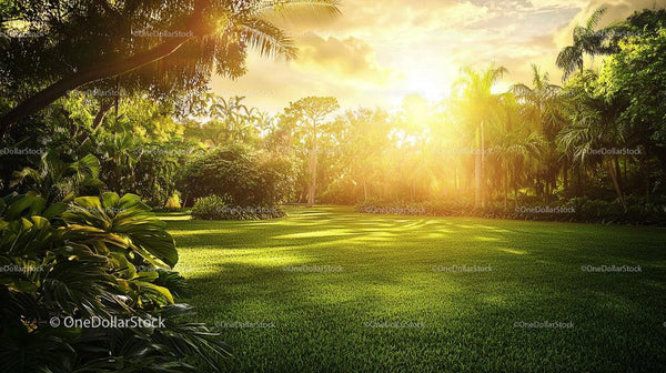 Tropical Garden at Sunrise with Vibrant Green Foliage