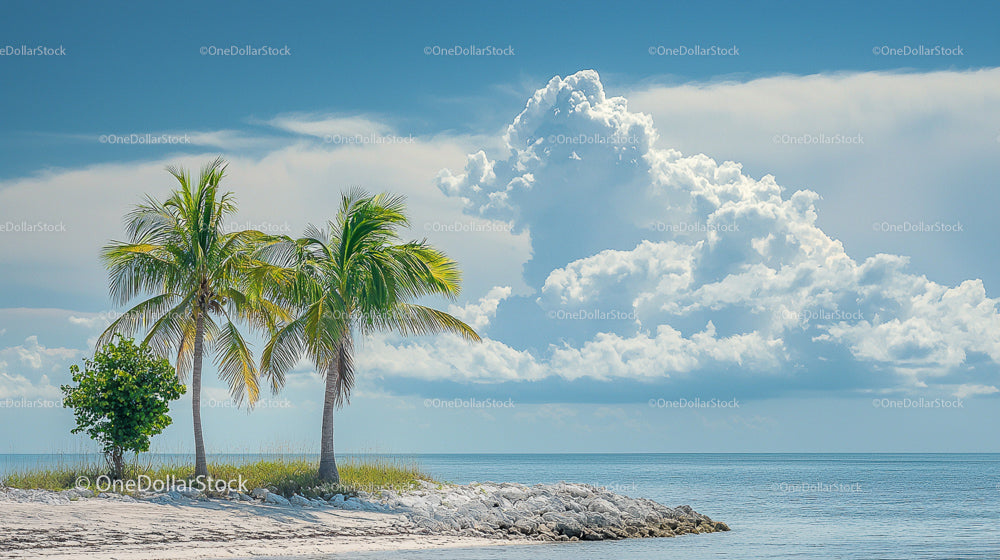 Tropical Beach with Palm Trees and Fluffy Clouds