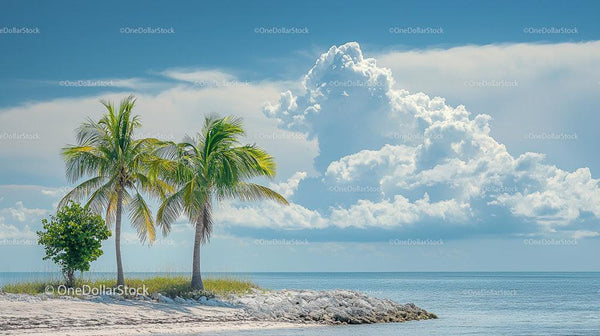 Tropical Beach with Palm Trees and Fluffy Clouds
