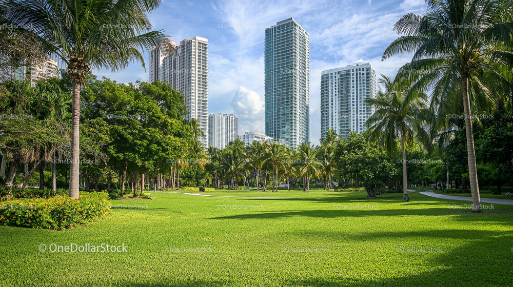 Urban Park with Skyscrapers and Tropical Palm Trees