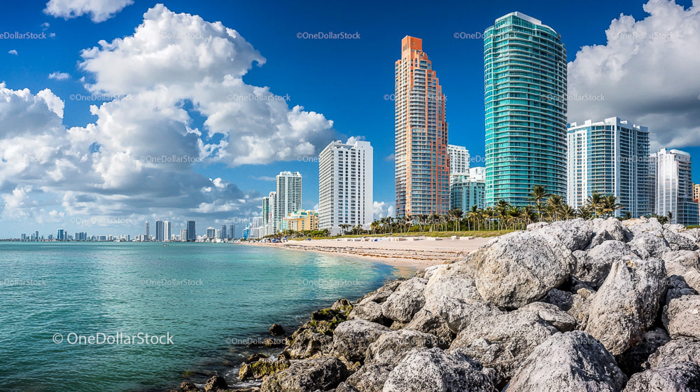 Majestatyczna linia brzegowa Miami z górującymi wieżowcami