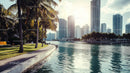 Modern City Skyline with Palm Trees by the Waterfront