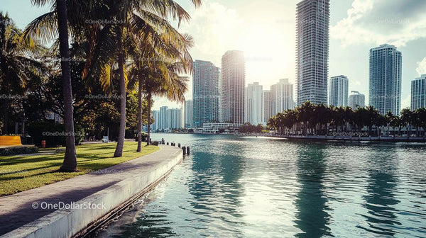 Modern City Skyline with Palm Trees by the Waterfront