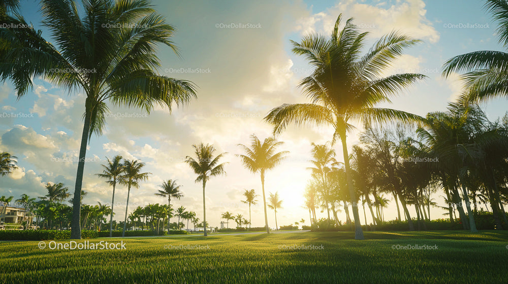 Tropical Sunrise Over Lush Palm Trees and Open Field