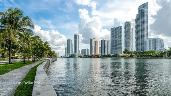 Modern Skyline with High-Rise Buildings and Riverside Promenade