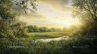 Sunlit Meadow with Tranquil Stream at Sunrise