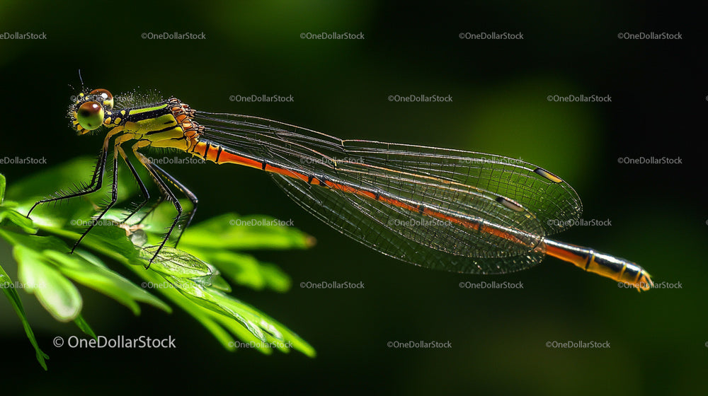Colorful Dragonfly Resting on Green Leaf