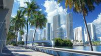 Vibrant Cityscape with Tall Skyscrapers and Palm Trees