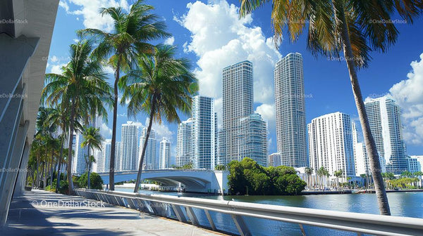 Vibrant Cityscape with Tall Skyscrapers and Palm Trees
