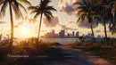 Serene Tropical Sunset with City Skyline and Palm Trees
