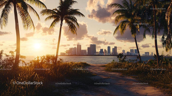 Serene Tropical Sunset with City Skyline and Palm Trees