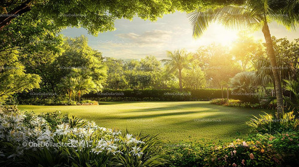 Sunlit Garden with Lush Greenery and Palm Trees in Morning Light