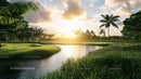 Tropical Sunset Over Serene River and Lush Green Palm Trees