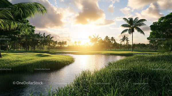 Tropical Sunset Over Serene River and Lush Green Palm Trees