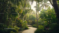 Lush Tropical Garden with Winding Path and Palm Trees