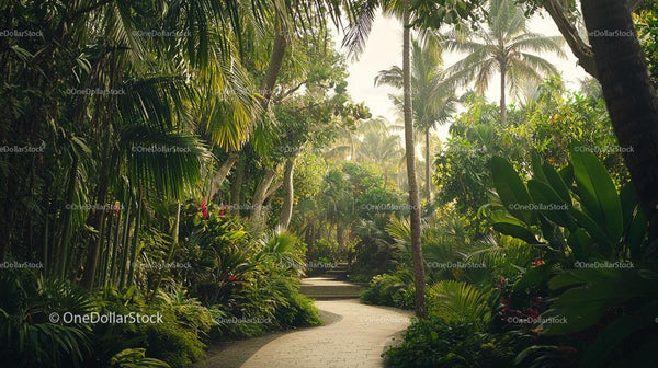 Lush Tropical Garden with Winding Path and Palm Trees