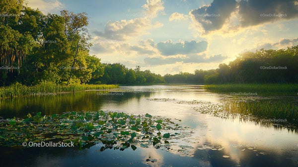 Serene Lake with Lush Vegetation at Sunset