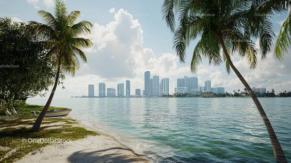 Tropical Beach with City Skyline and Palm Trees