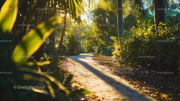 Sunlit Tropical Path Through Lush Greenery