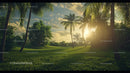 Tropical Sunset with Palm Trees and Lush Greenery