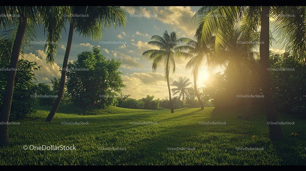 Tropical Sunset with Palm Trees and Lush Greenery