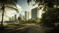 Tropical Cityscape with Skyscrapers and Palm Trees at Sunset