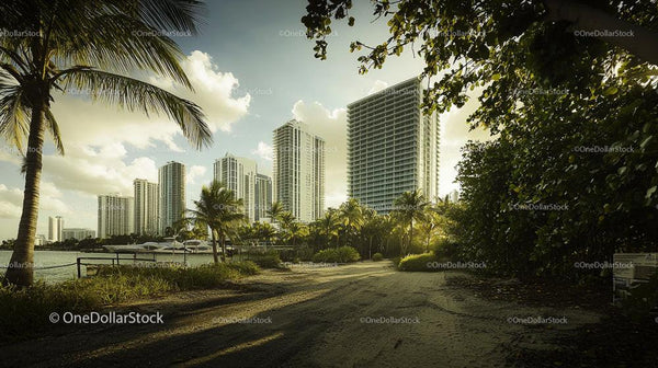 Tropical Cityscape with Skyscrapers and Palm Trees at Sunset