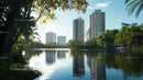 Tranquil Lakefront with Modern Cityscape and Lush Greenery
