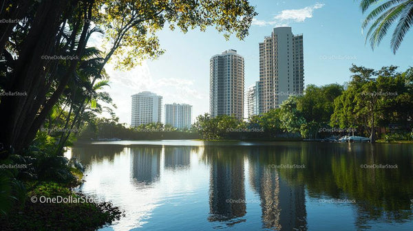 Tranquil Lakefront with Modern Cityscape and Lush Greenery