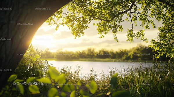 Sunlit Lakeside with Lush Green Foliage and Serene Atmosphere