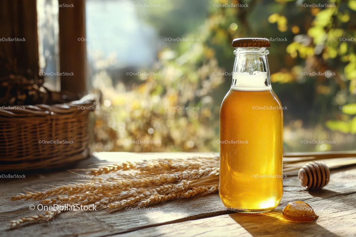 Rustic Honey Jar with Wheat Stalks in Sunlit Setting