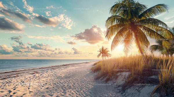 Serene Tropical Beach at Sunset with Palm Trees