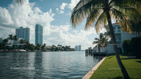 Tropical Waterfront Cityscape with Palm Trees and Skyscrapers