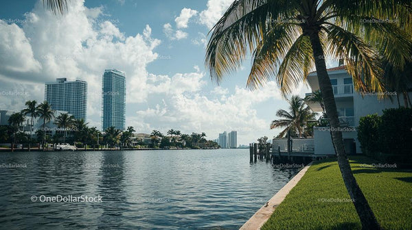 Tropical Waterfront Cityscape with Palm Trees and Skyscrapers