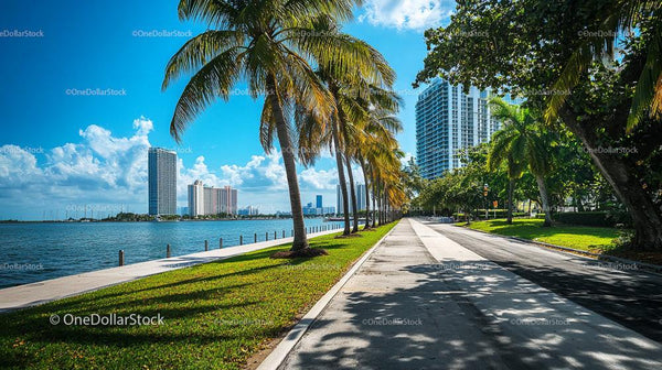 Sunny Coastal Road with Palm Trees and Skyscrapers