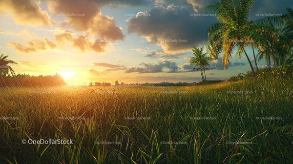 Golden Sunset Over Tropical Palm Field