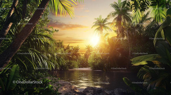 Tranquil Tropical Sunset Over Lush River Landscape