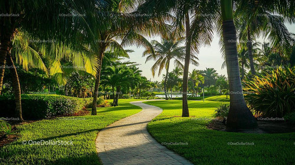Peaceful Tropical Garden Path Surrounded by Lush Palm Trees