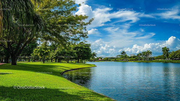 Lush Park Landscape with Palm Trees and Tranquil Lake