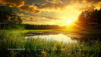 Golden Sunset Over Tranquil Lake and Lush Forest