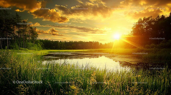 Golden Sunset Over Tranquil Lake and Lush Forest
