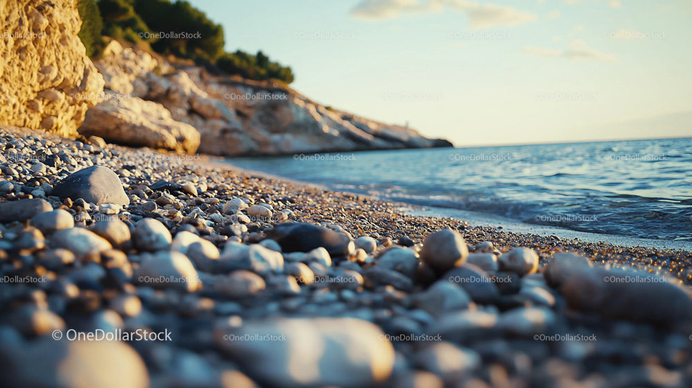 Peaceful Pebbly Beach at Sunset with Gentle Waves