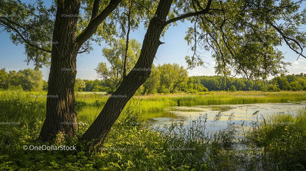 Lush Green Landscape by a Tranquil Pond on a Sunny Day