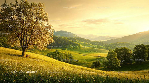 Golden Sunset Over Lush Green Hills and Lone Tree