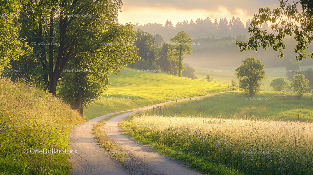 Idyllic Winding Road Through Sunlit Countryside at Dawn