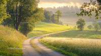 Idyllic Winding Road Through Sunlit Countryside at Dawn