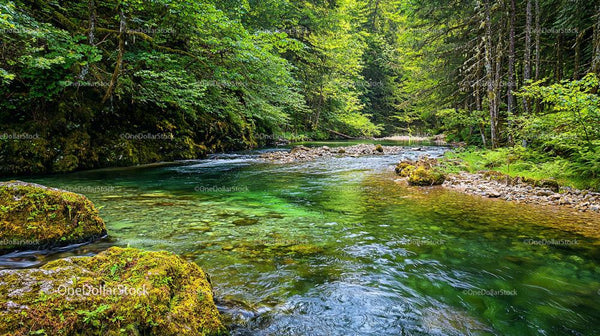 Tranquil Forest Stream with Lush Green Surroundings